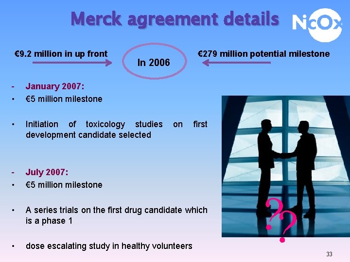 Merck agreement details € 9. 2 million in up front In 2006 € 279