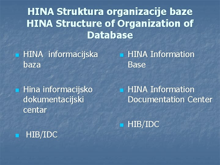 HINA Struktura organizacije baze HINA Structure of Organization of Database n n HINA informacijska