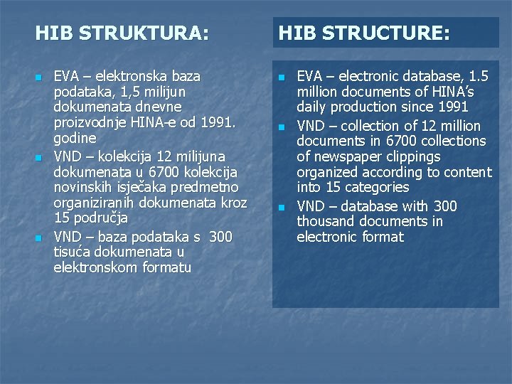 HIB STRUKTURA: n n n EVA – elektronska baza podataka, 1, 5 milijun dokumenata