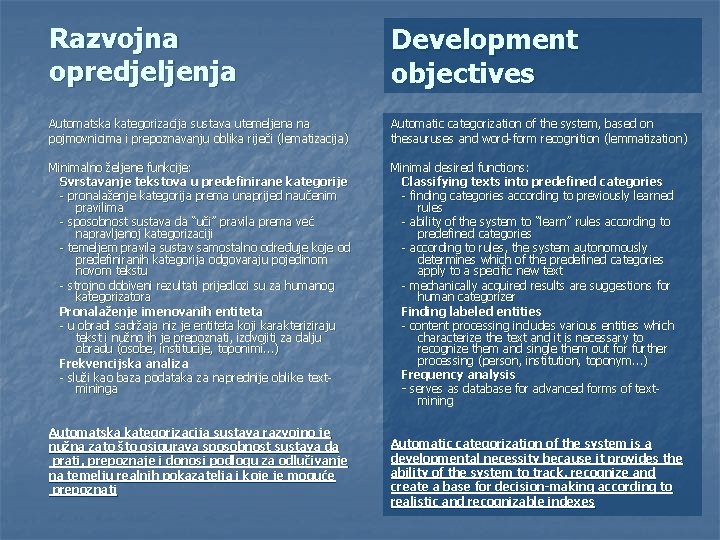Razvojna opredjeljenja Development objectives Automatska kategorizacija sustava utemeljena na pojmovnicima i prepoznavanju oblika riječi