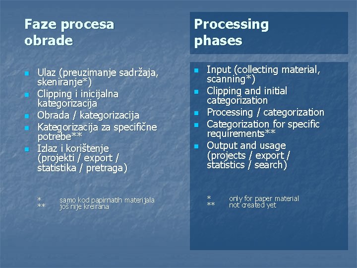 Faze procesa obrade n n n Ulaz (preuzimanje sadržaja, skeniranje*) Clipping i inicijalna kategorizacija