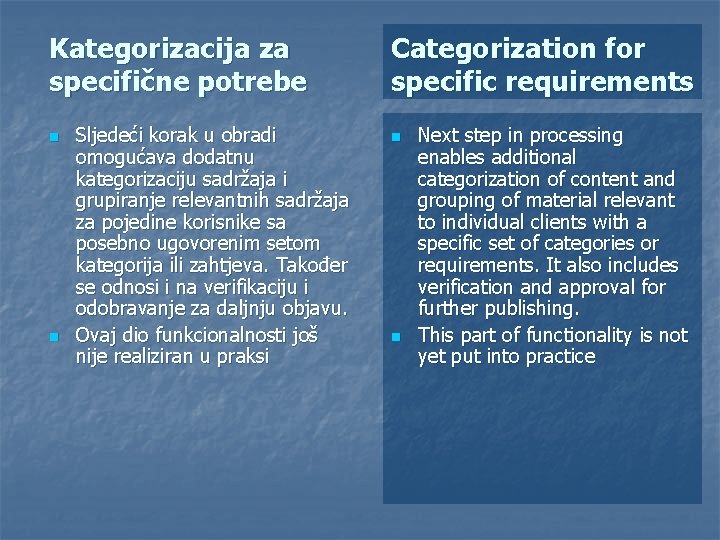 Kategorizacija za specifične potrebe n n Sljedeći korak u obradi omogućava dodatnu kategorizaciju sadržaja