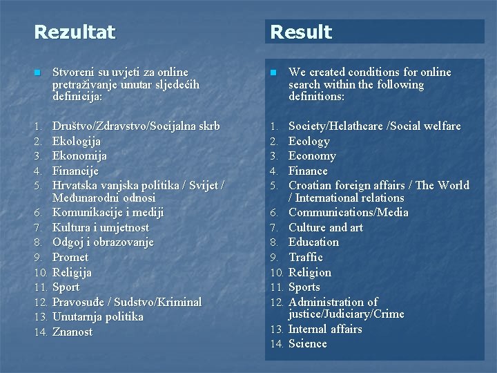 Rezultat Result n Stvoreni su uvjeti za online pretraživanje unutar sljedećih definicija: n We