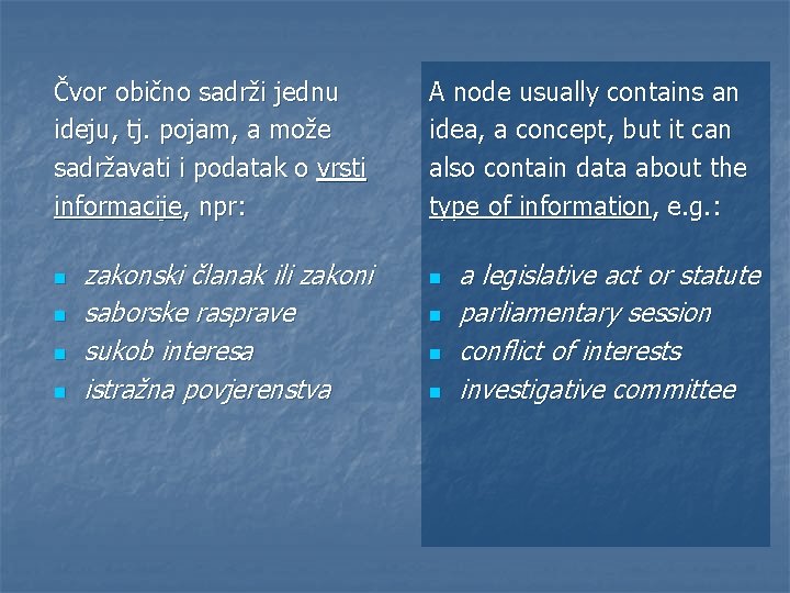 Čvor obično sadrži jednu ideju, tj. pojam, a može sadržavati i podatak o vrsti