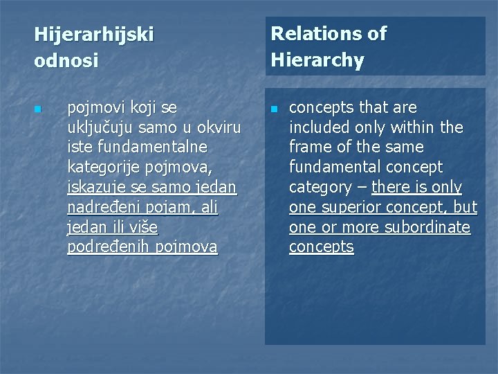 Hijerarhijski odnosi n pojmovi koji se uključuju samo u okviru iste fundamentalne kategorije pojmova,