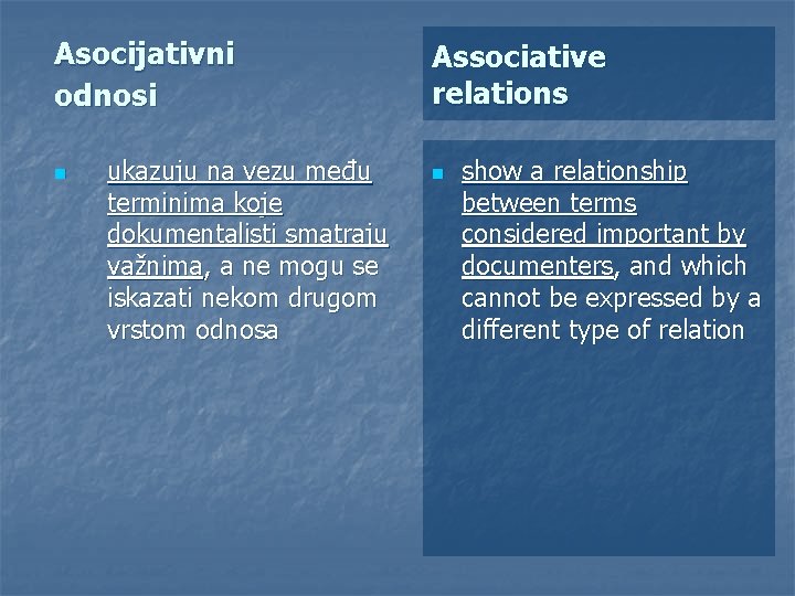 Asocijativni odnosi n ukazuju na vezu među terminima koje dokumentalisti smatraju važnima, a ne