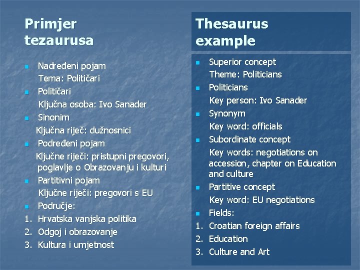 Primjer tezaurusa Thesaurus example Nadređeni pojam Tema: Političari n Političari Ključna osoba: Ivo Sanader