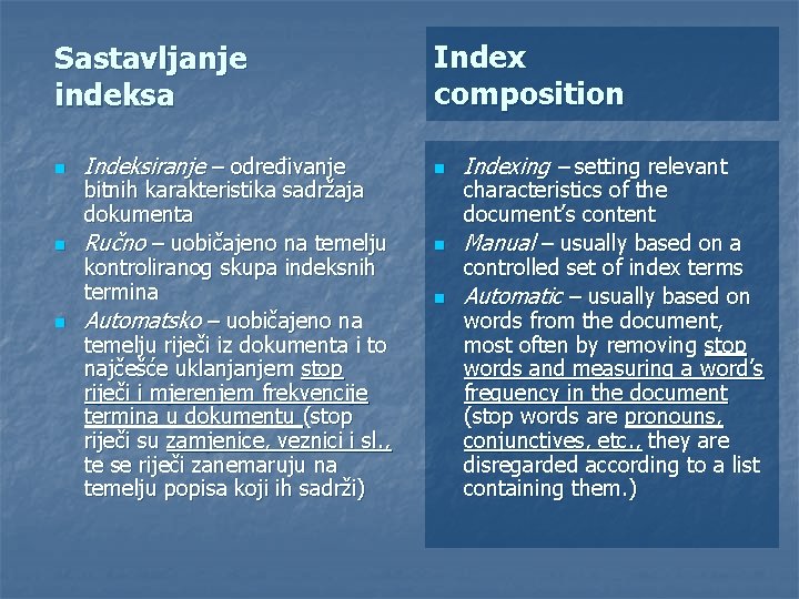 Sastavljanje indeksa n n n Indeksiranje – određivanje bitnih karakteristika sadržaja dokumenta Ručno –