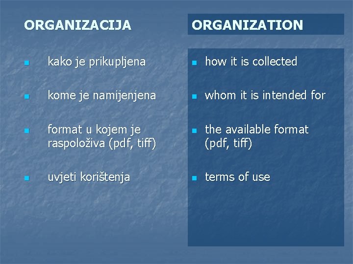 ORGANIZACIJA ORGANIZATION n kako je prikupljena n how it is collected n kome je