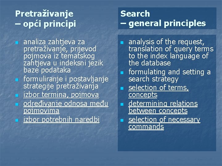 Pretraživanje – opći principi n n n analiza zahtjeva za pretraživanje, prijevod pojmova iz