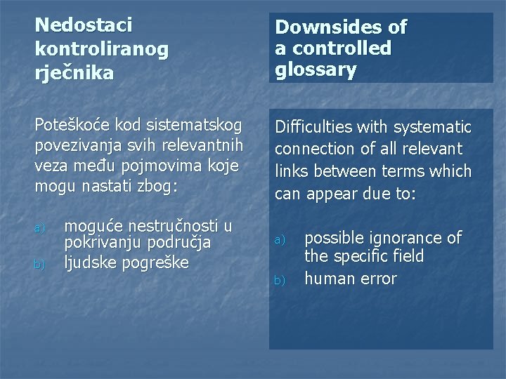 Nedostaci kontroliranog rječnika Downsides of a controlled glossary Poteškoće kod sistematskog povezivanja svih relevantnih