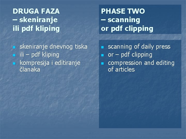 DRUGA FAZA – skeniranje ili pdf kliping n n n skeniranje dnevnog tiska ili