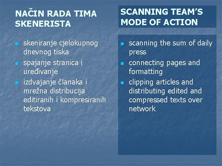 NAČIN RADA TIMA SKENERISTA n n n skeniranje cjelokupnog dnevnog tiska spajanje stranica i