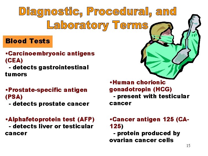 Blood Tests • Carcinoembryonic antigens (CEA) - detects gastrointestinal tumors • Prostate-specific antigen (PSA)