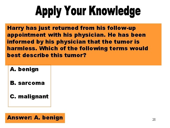 Apply Your Knowledge Harry has just returned from his follow-up appointment with his physician.