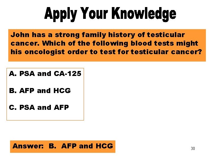 Apply Your Knowledge Part 3 John has a strong family history of testicular cancer.