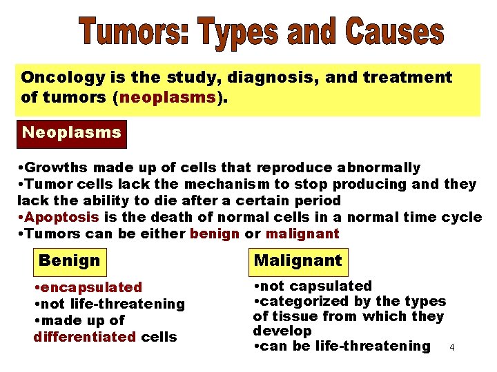 Neoplasms Oncology is the study, diagnosis, and treatment of tumors (neoplasms). Neoplasms • Growths