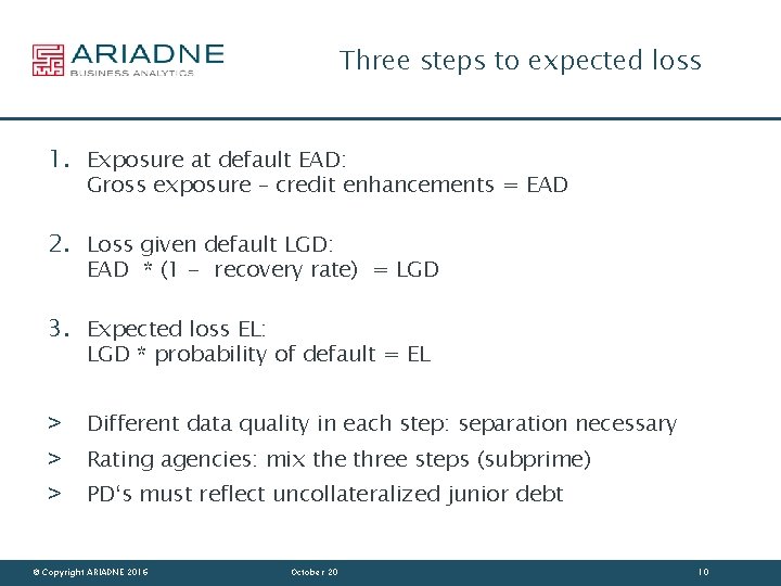 Three steps to expected loss 1. Exposure at default EAD: Gross exposure – credit