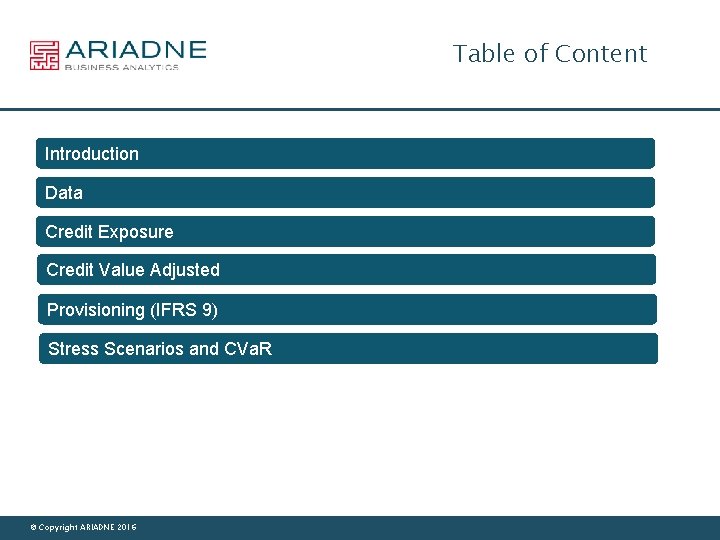 Table of Content Introduction Data Credit Exposure Credit Value Adjusted Provisioning (IFRS 9) Stress