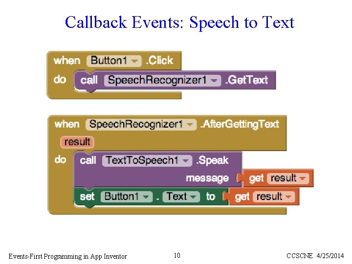 Callback Events: Speech to Text Events-First Programming in App Inventor 10 CCSCNE 4/25/2014 