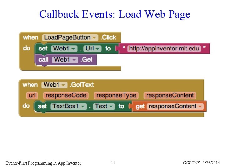 Callback Events: Load Web Page Events-First Programming in App Inventor 11 CCSCNE 4/25/2014 