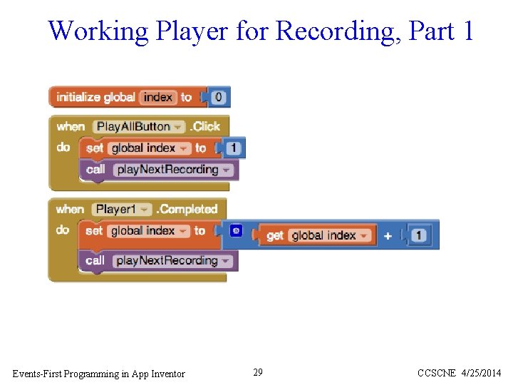 Working Player for Recording, Part 1 Events-First Programming in App Inventor 29 CCSCNE 4/25/2014