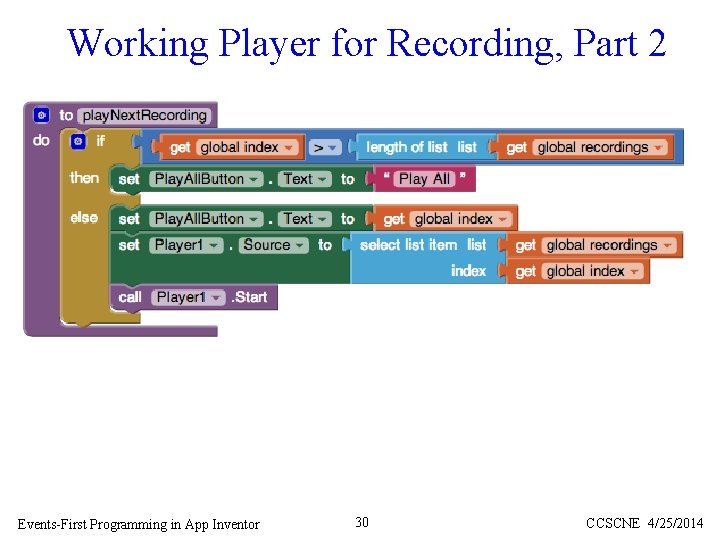 Working Player for Recording, Part 2 Events-First Programming in App Inventor 30 CCSCNE 4/25/2014