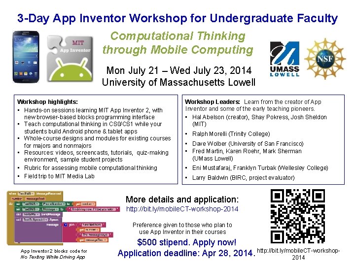 3 -Day App Inventor Workshop for Undergraduate Faculty Computational Thinking through Mobile Computing Mon
