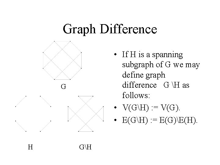 Graph Difference • If H is a spanning subgraph of G we may define