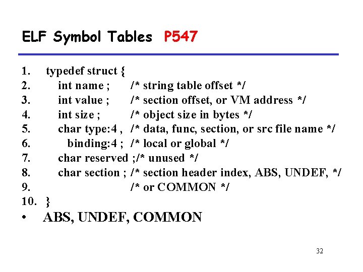 ELF Symbol Tables P 547 1. typedef struct { 2. int name ; /*