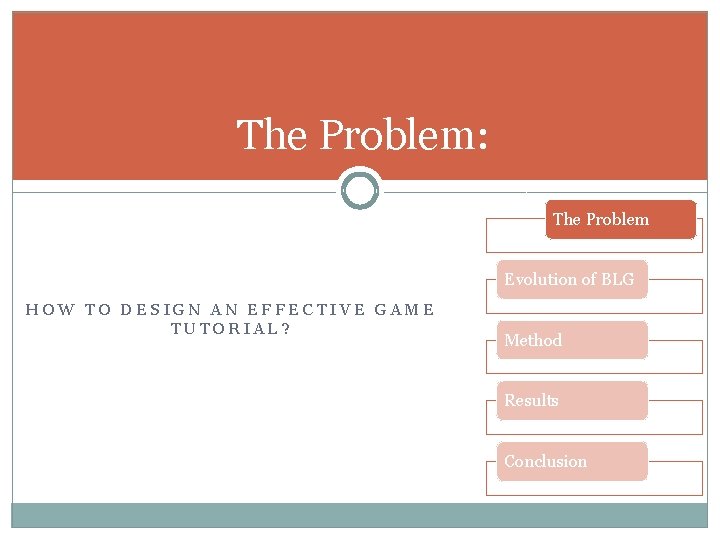 The Problem: The Problem Evolution of BLG HOW TO DESIGN AN EFFECTIVE GAME TUTORIAL?