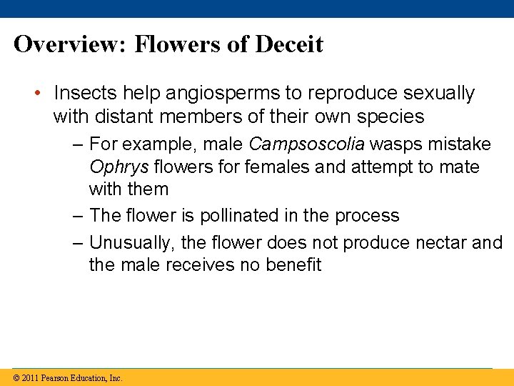 Overview: Flowers of Deceit • Insects help angiosperms to reproduce sexually with distant members