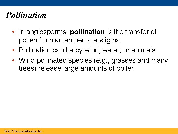 Pollination • In angiosperms, pollination is the transfer of pollen from an anther to