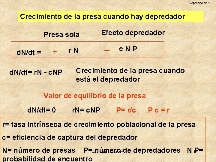 Depredación 1 Crecimiento de la presa cuando hay depredador Presa sola d. N/dt =