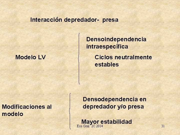 Interacción depredador- presa Densoindependencia intraespecífica Modelo LV Modificaciones al modelo Ciclos neutralmente estables Densodependencia