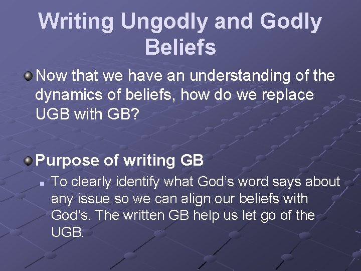 Writing Ungodly and Godly Beliefs Now that we have an understanding of the dynamics