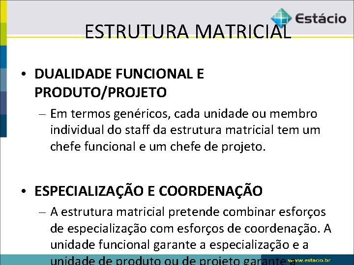 ESTRUTURA MATRICIAL • DUALIDADE FUNCIONAL E PRODUTO/PROJETO – Em termos genéricos, cada unidade ou