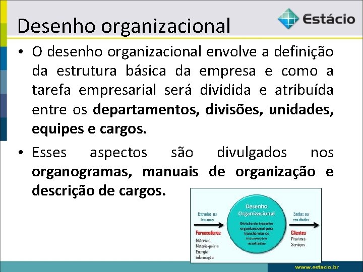 Desenho organizacional • O desenho organizacional envolve a definição da estrutura básica da empresa