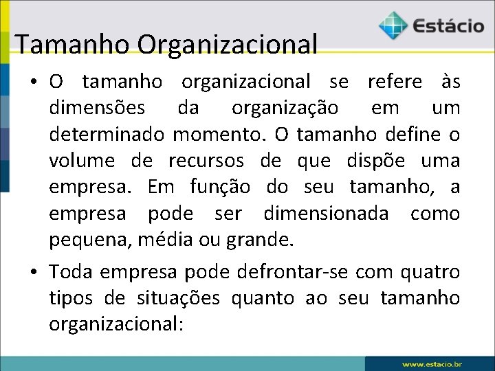 Tamanho Organizacional • O tamanho organizacional se refere às dimensões da organização em um