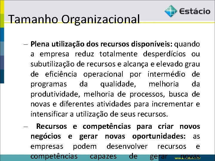 Tamanho Organizacional – Plena utilização dos recursos disponíveis: quando a empresa reduz totalmente desperdícios