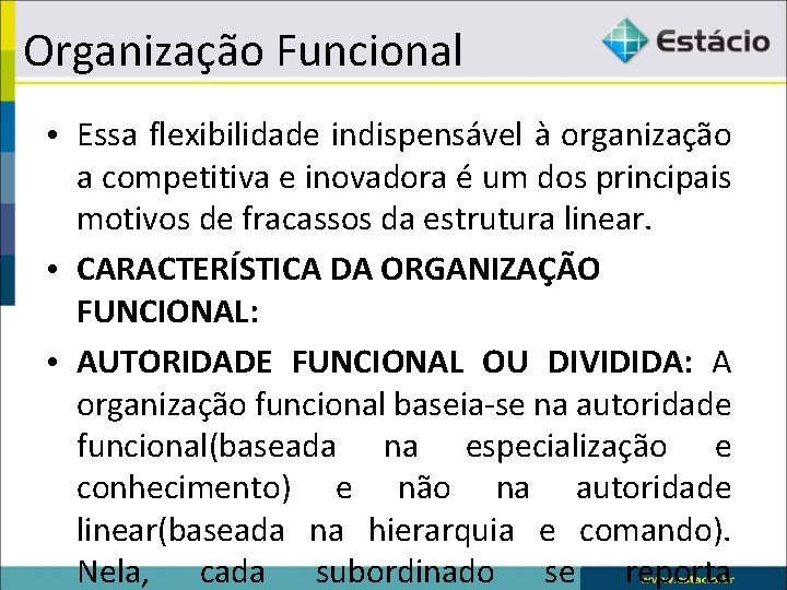 Organização Funcional • Essa flexibilidade indispensável à organização a competitiva e inovadora é um