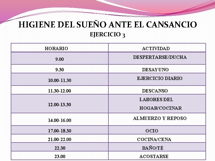 HIGIENE DEL SUEÑO ANTE EL CANSANCIO EJERCICIO 3 HORARIO 9. 00 9. 30 10.