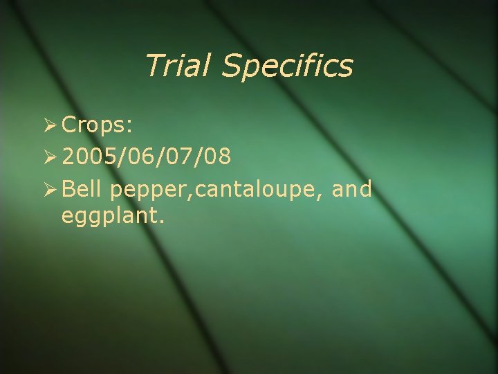 Trial Specifics Crops: 2005/06/07/08 Bell pepper, cantaloupe, and eggplant. 