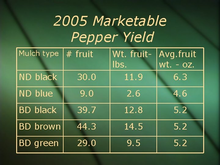 2005 Marketable Pepper Yield Mulch type # fruit Wt. fruit- Avg. fruit lbs. wt.