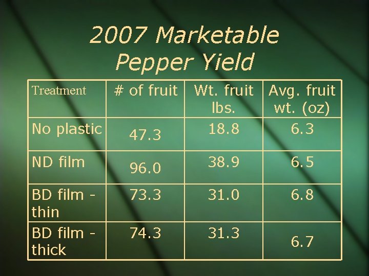 2007 Marketable Pepper Yield No plastic 47. 3 Wt. fruit lbs. 18. 8 ND