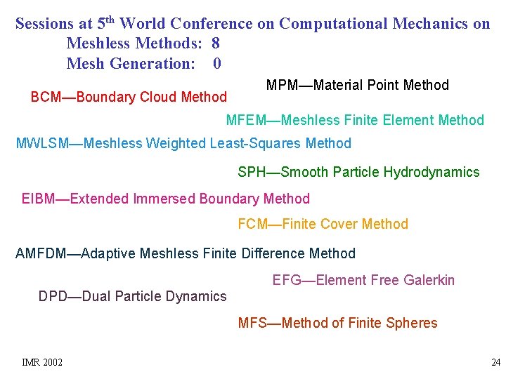 Sessions at 5 th World Conference on Computational Mechanics on Meshless Methods: 8 Mesh