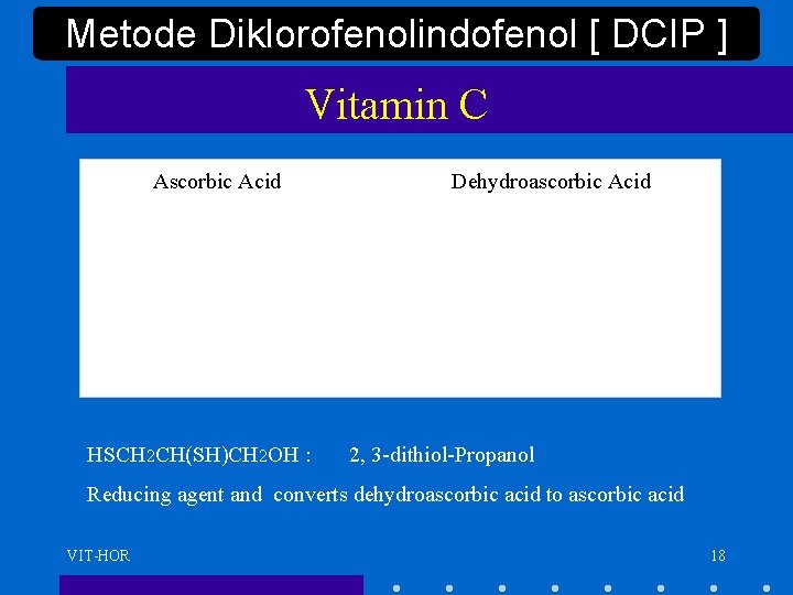 Metode Diklorofenolindofenol [ DCIP ] Vitamin C Ascorbic Acid Dehydroascorbic Acid HSCH 2 CH(SH)CH