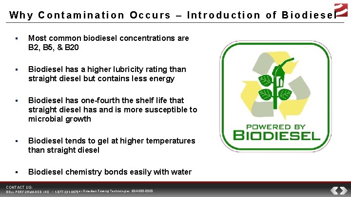 Why Contamination Occurs – Introduction of Biodiesel ▪ Most common biodiesel concentrations are B