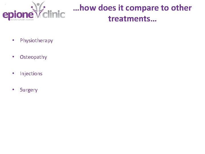 …how does it compare to other treatments… • Physiotherapy • Osteopathy • Injections •