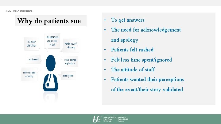 HSE | Open Disclosure Why do patients sue • To get answers • The